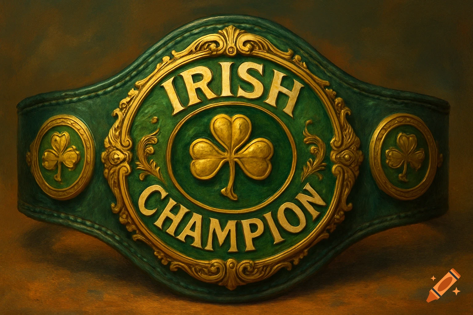 An Irish champion belt with gold text and a shamrock.