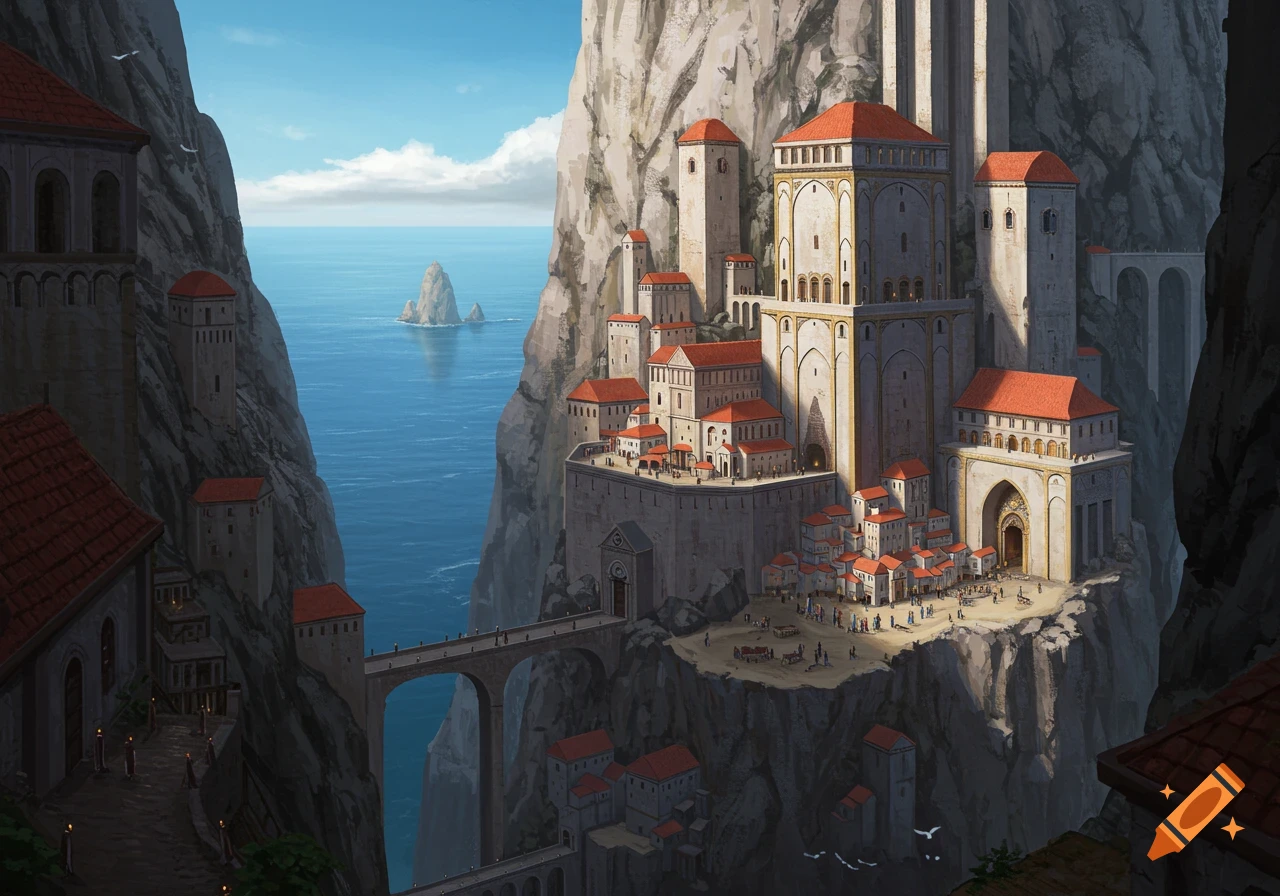 A fantasy city built into a mountain cliff overlooking a blue ocean on ...