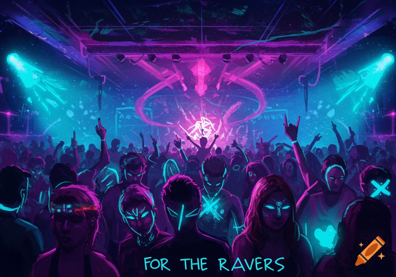 A stylized depiction of a large crowd at a rave, illuminated by vibrant neon blue and pink lights.