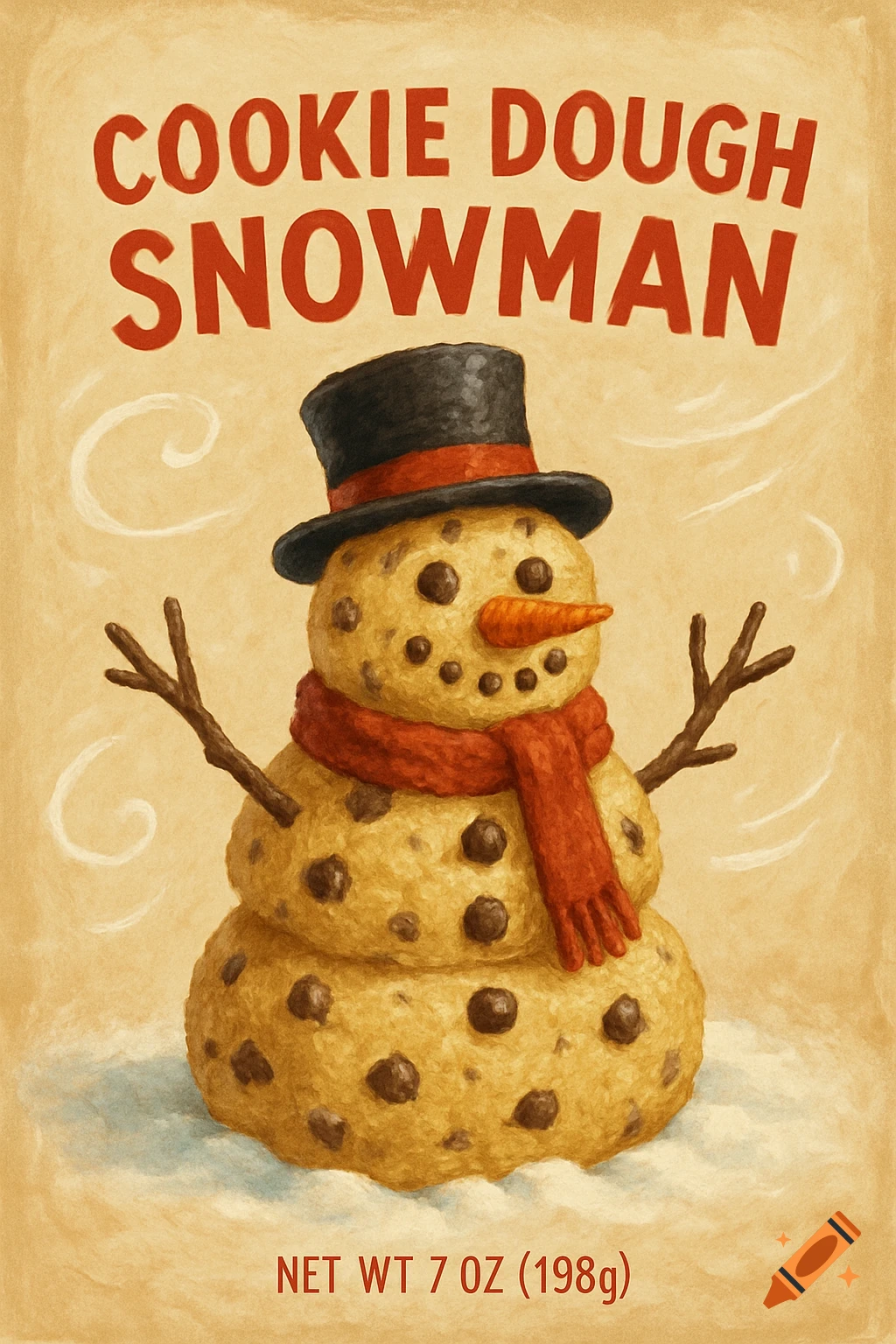 Illustration of a cookie dough snowman wearing a hat and scarf, with product text.