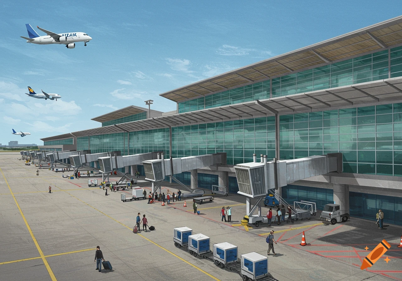 Illustration of an airport terminal with parked airplanes, jet bridges, ground crew, and passengers on the tarmac.