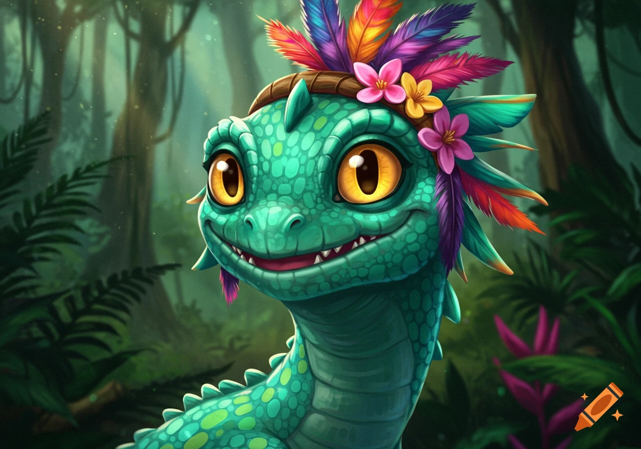 A cute green lizard with large eyes and a feather and flower crown in a jungle.