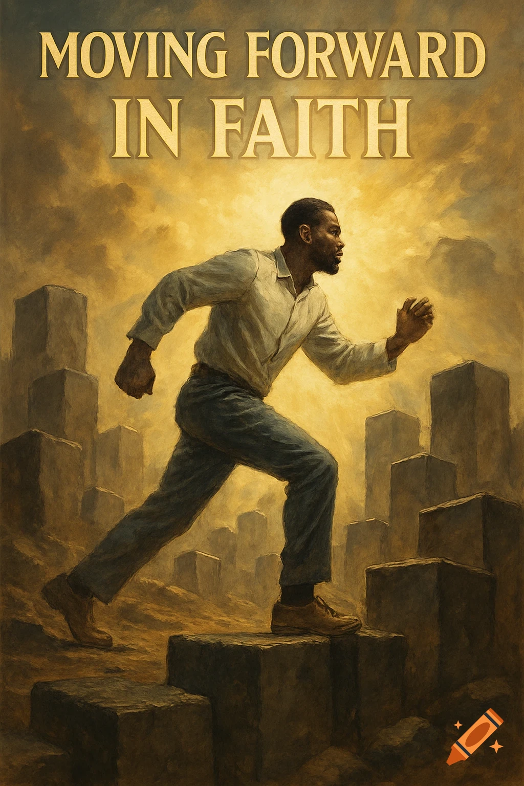 A man runs up block steps towards light under text 'MOVING FORWARD IN FAITH' in a painterly style.