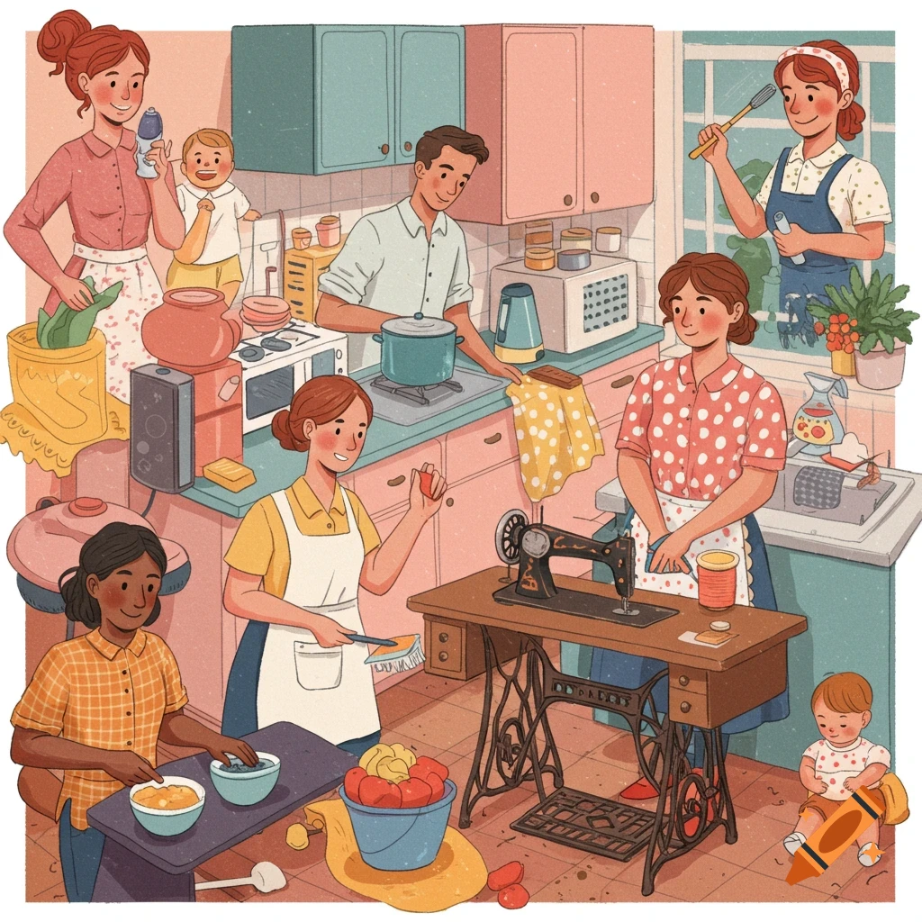 An illustration shows a family in a retro kitchen doing various domestic tasks like cooking, sewing, and childcare.