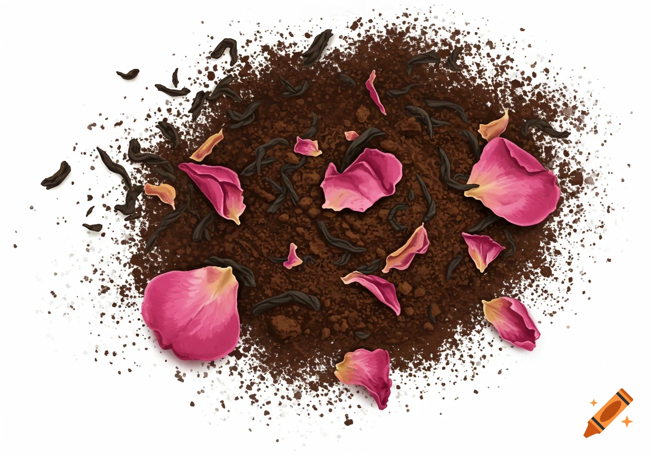 Dark tea powder mixed with dried leaves and pink rose petals.
