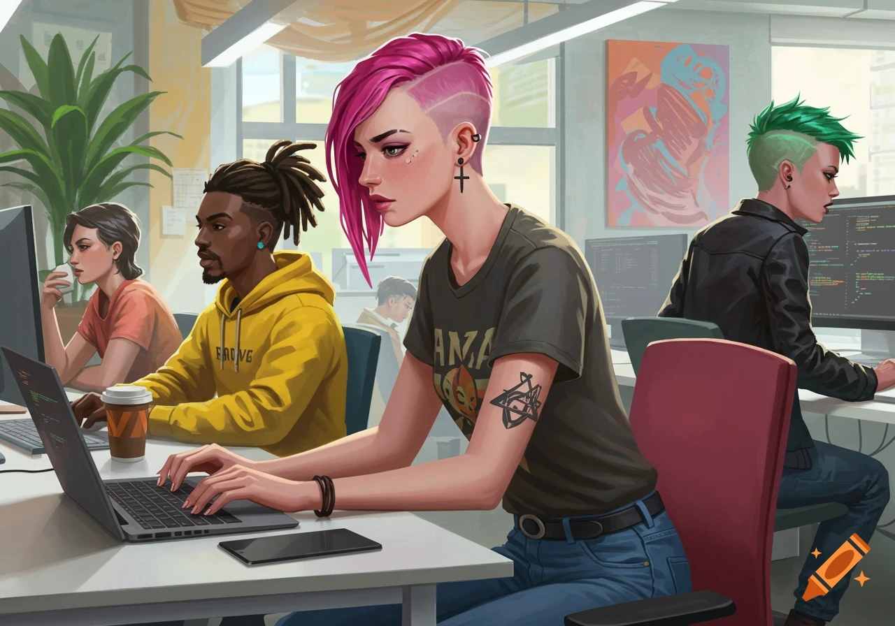 Stylized image of diverse developers working at desks in a modern office.