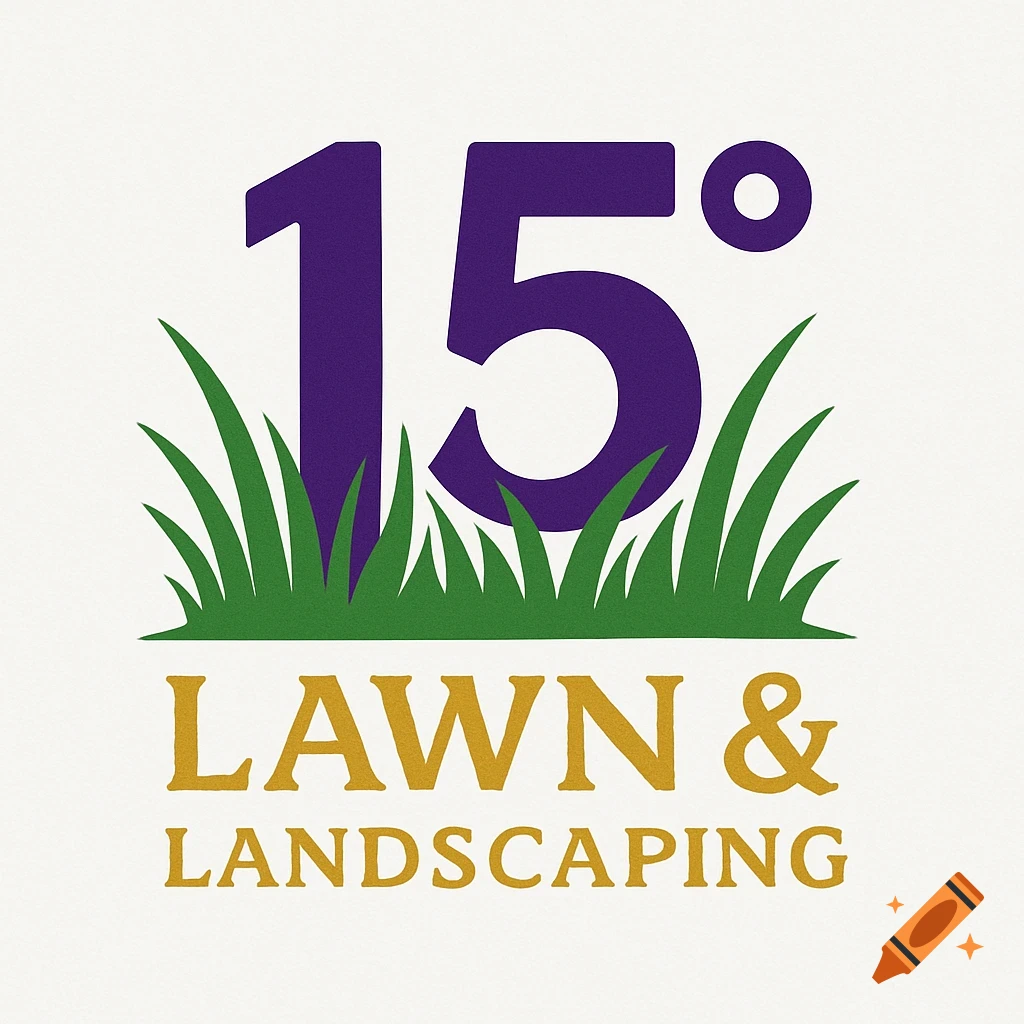 Logo with a large purple 15 degrees symbol above green grass, with the text "LAWN & LANDSCAPING" below in gold.