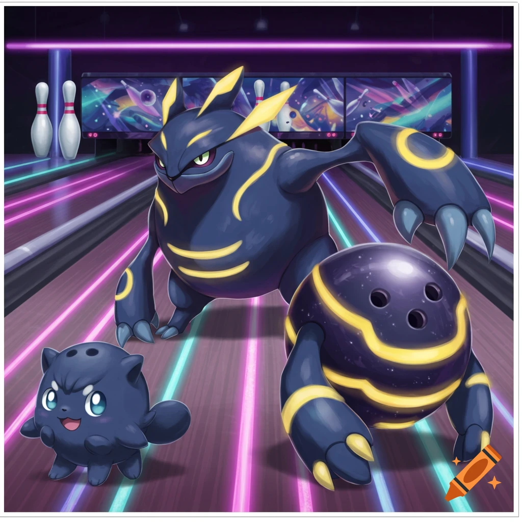 Three stylized blue creatures resembling Pokemon bowling on a neon lane.