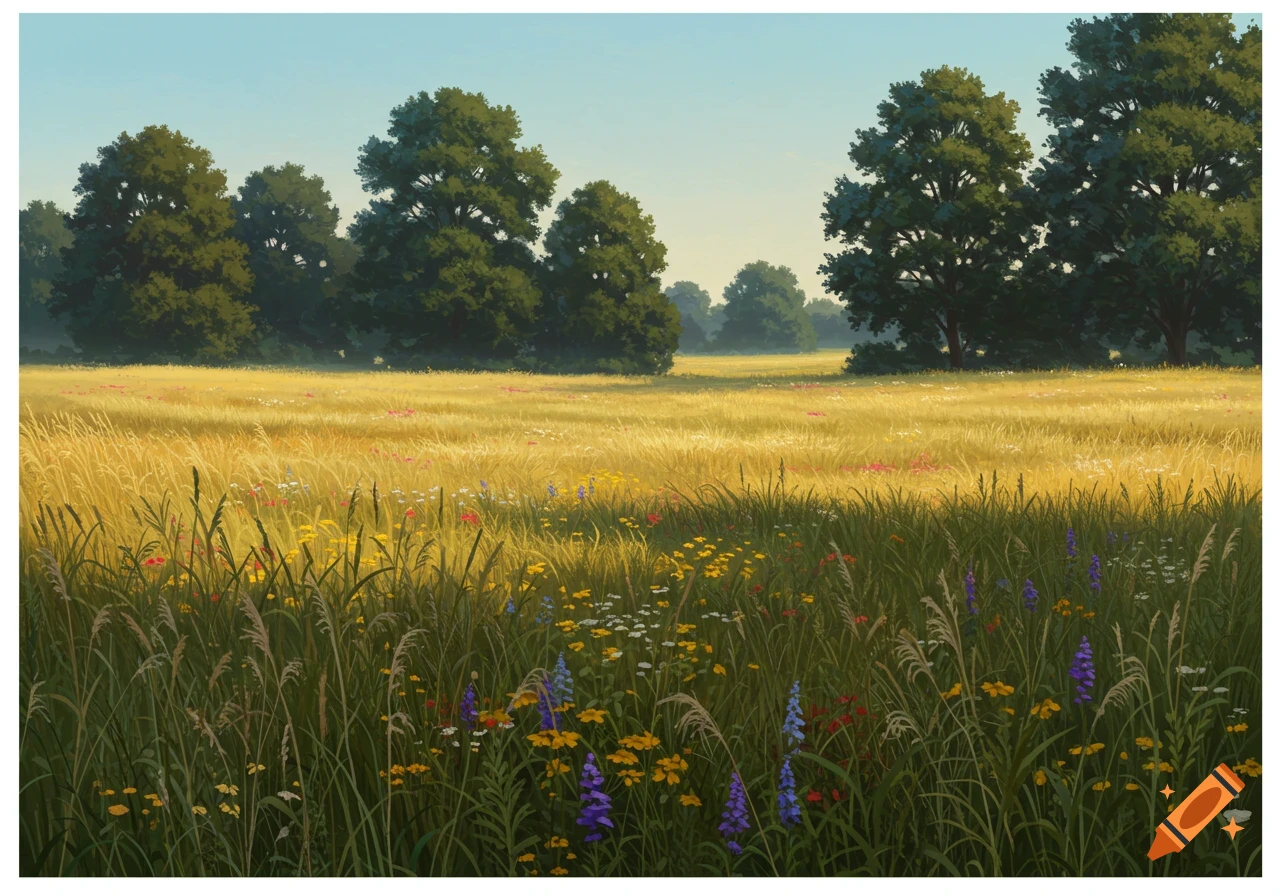 A vintage painting of a field with tall grass and wildflowers and trees ...