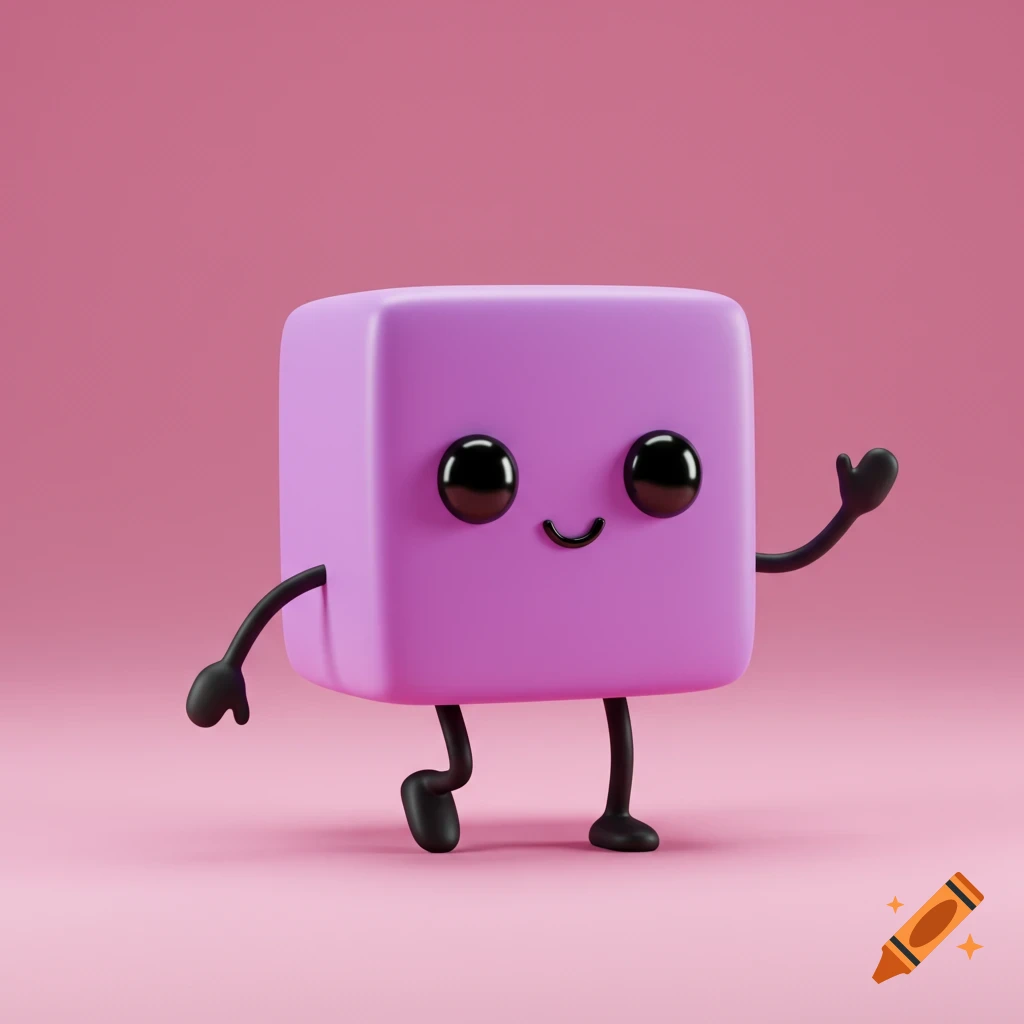 A cute 3D rendered purple cube character with black stick arms and legs, a smiling face, and waving.