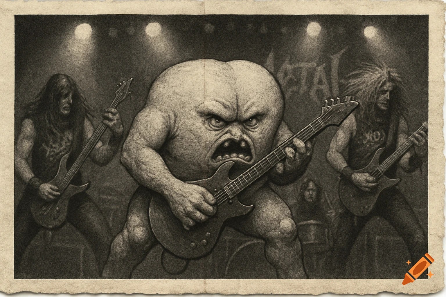 Drawing of a muscular monster playing guitar with a heavy metal band on stage, in a distressed paper style.
