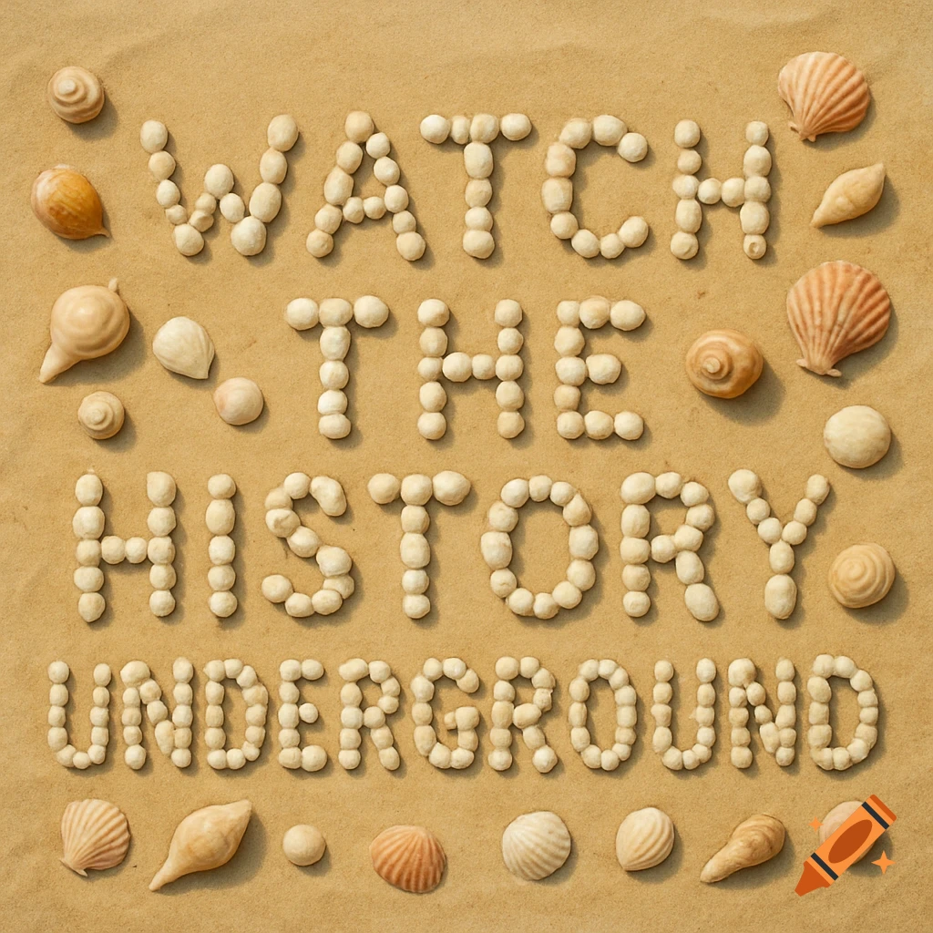 Text 'WATCH THE HISTORY UNDERGROUND' spelled out in seashells on a sandy beach.