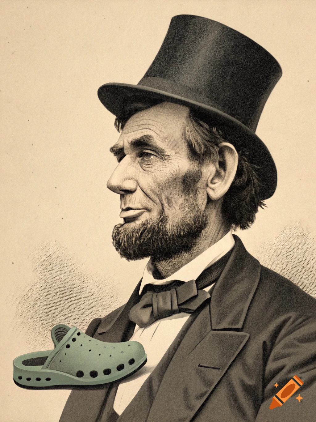Illustration of Abraham Lincoln in a top hat and suit holding a teal Croc shoe.