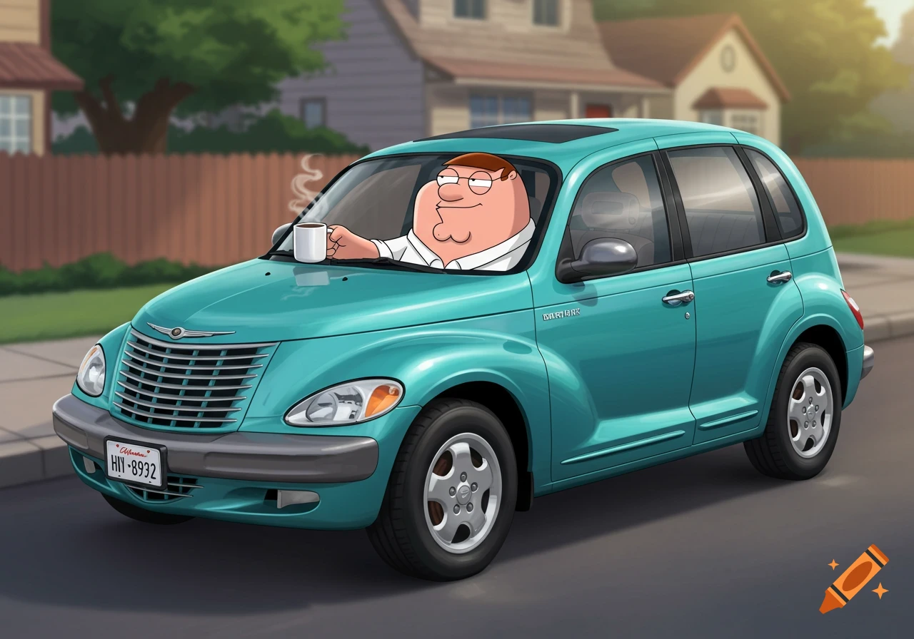 Cartoon of Peter Griffin driving a teal Chrysler PT Cruiser.