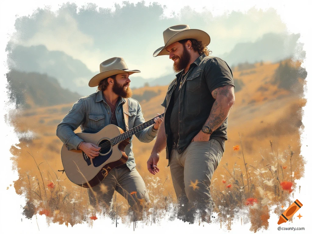 Two men in cowboy hats, one playing guitar in a field with mountains in the background, painted style.