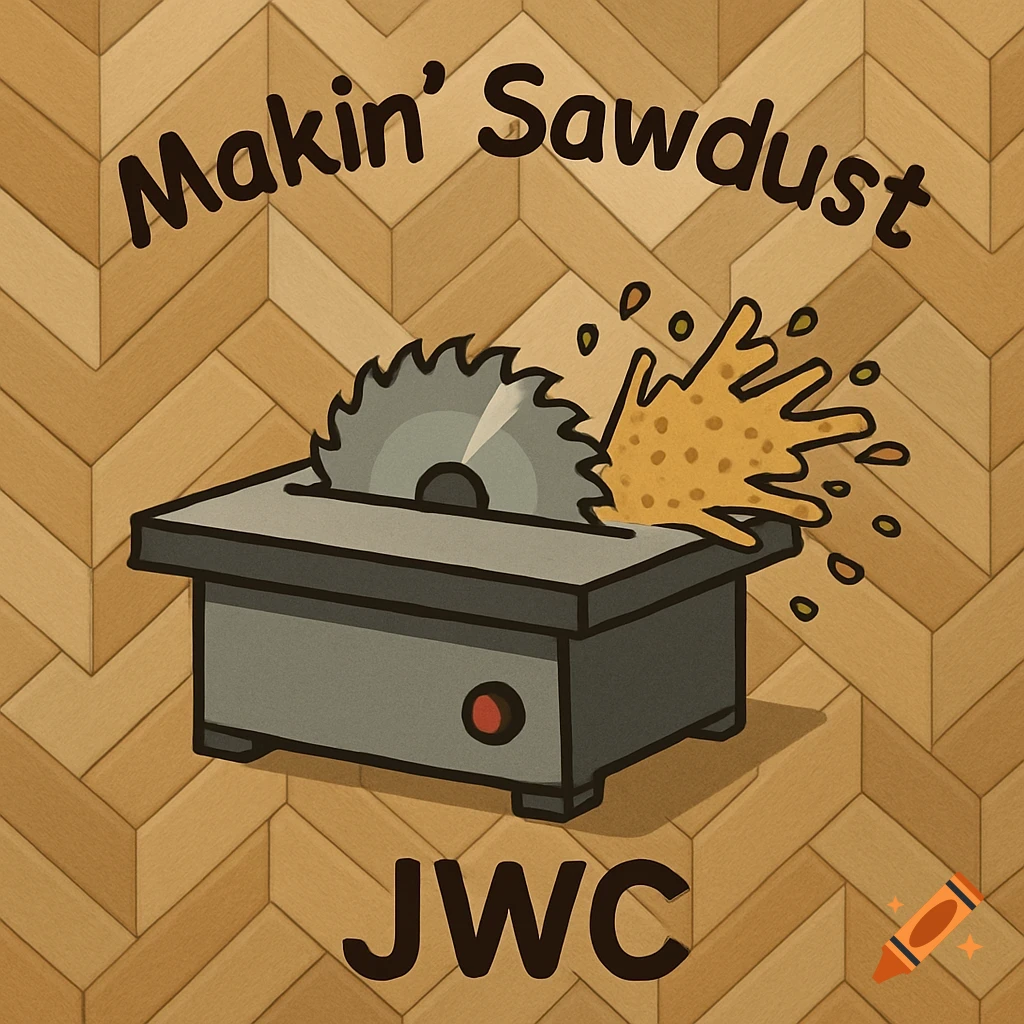 Cartoon illustration of a table saw cutting wood with sawdust flying on a herringbone background, with text 'Makin\' Sawdust' and 'JWC'.