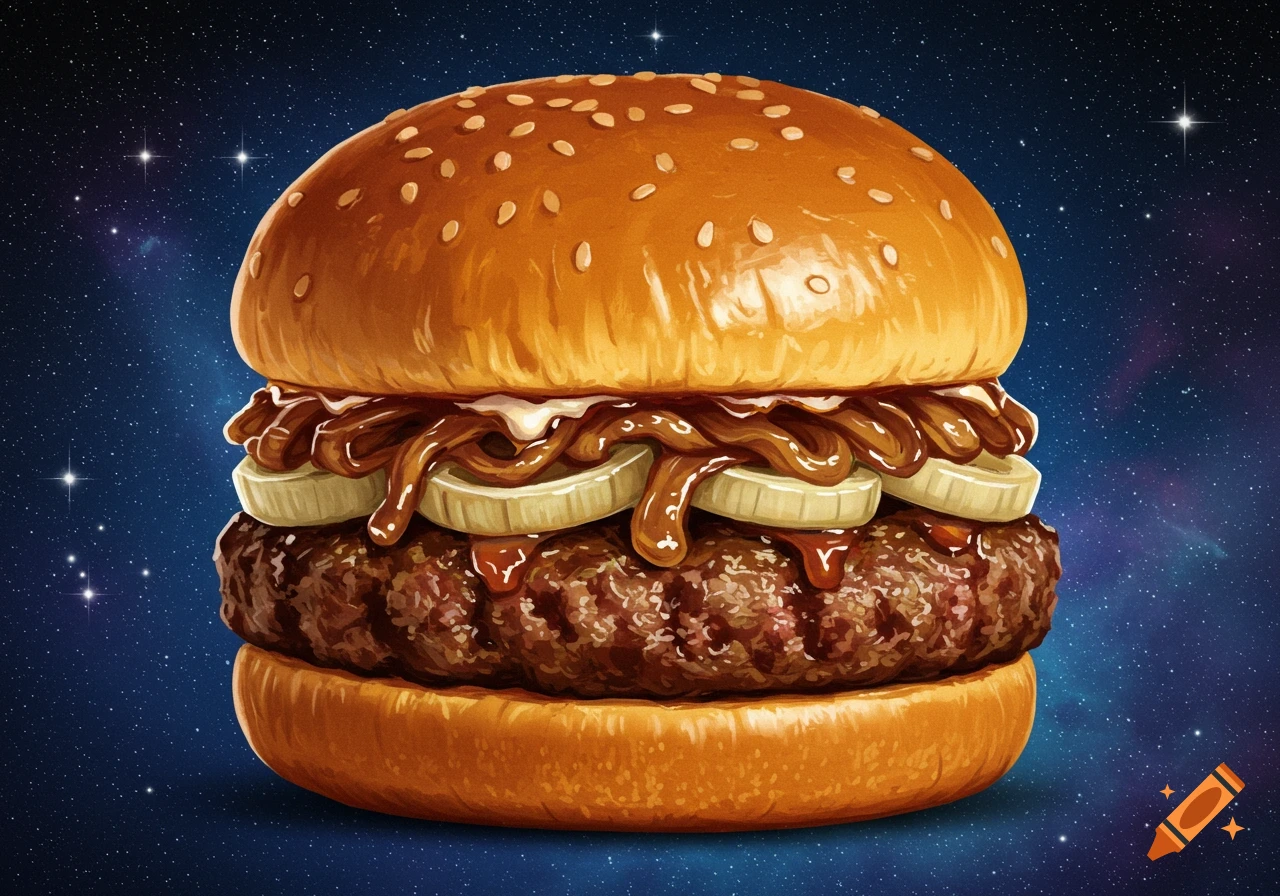 An illustration of a burger with sauce and onions floating in front of a starry space background.