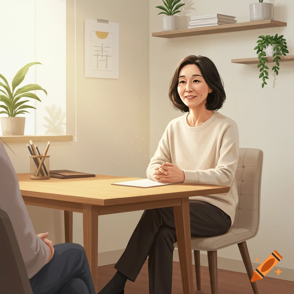 Woman smiling while sitting at a table in a bright room with plants on shelves.