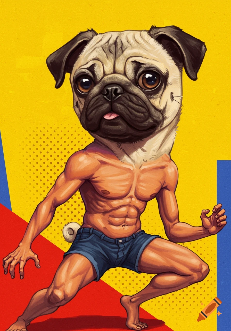 Illustration of a muscular human body with a pug head wearing denim shorts, in a dynamic pose against a colorful background.
