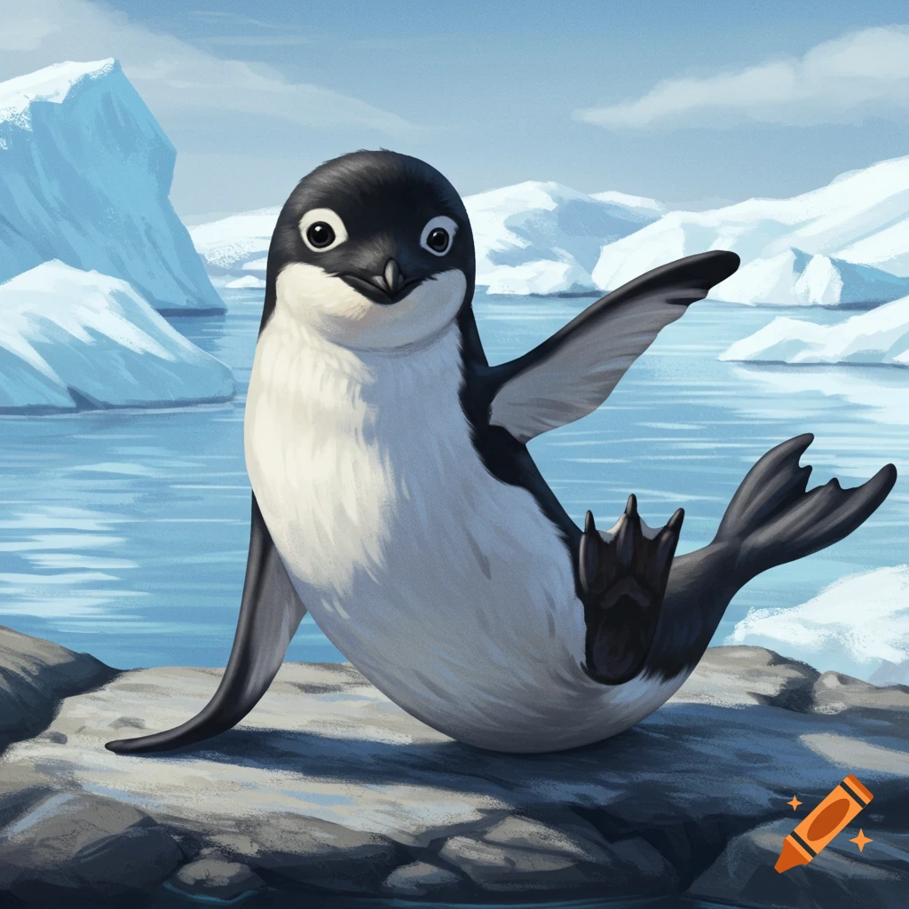 A cute cartoon creature, a mix of a penguin and a seal, sits on rocks by the water with icebergs in the background.