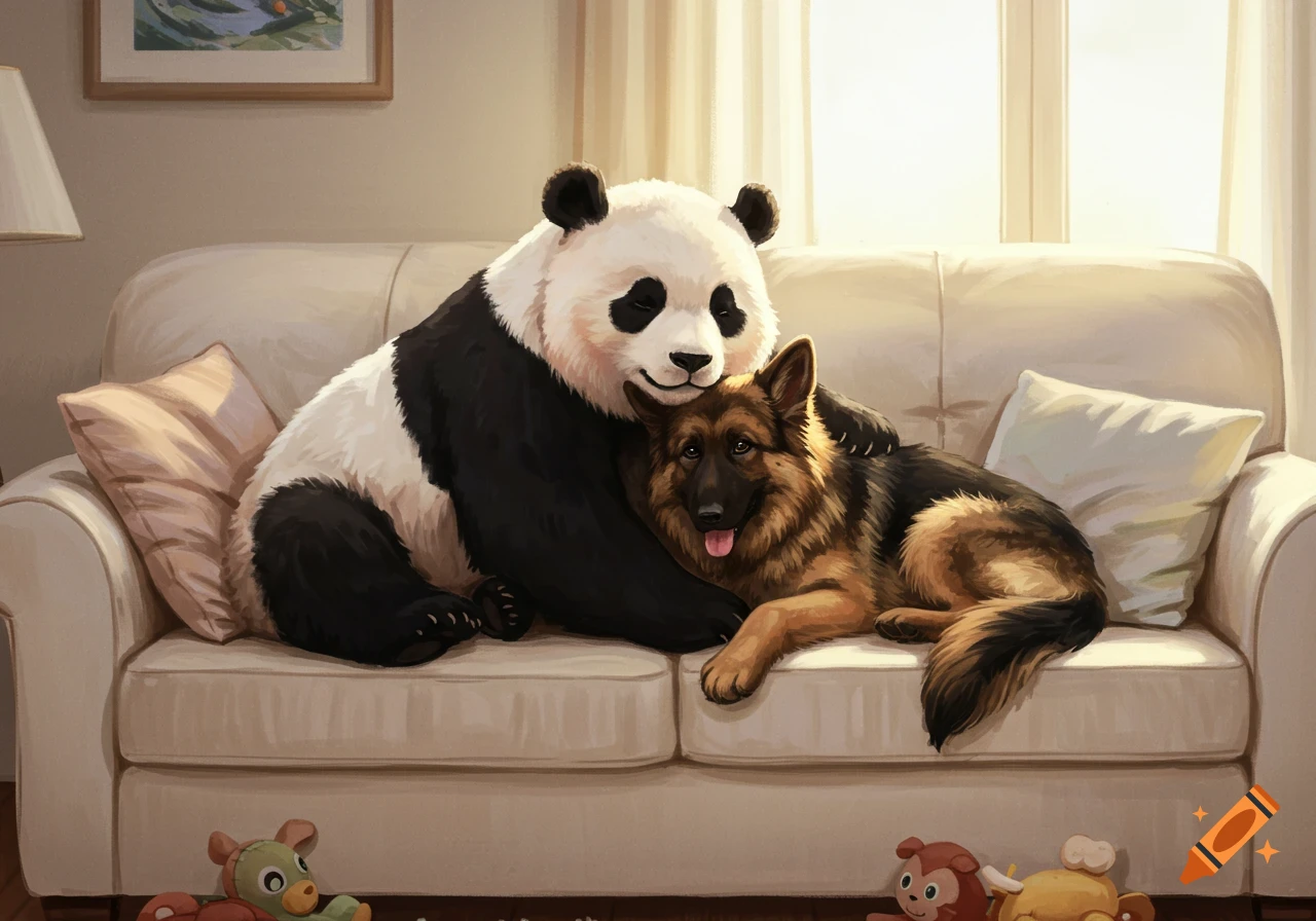 A large panda and a German shepherd dog cuddle together on a light-colored couch, lit by sunlight from a window. Digital painting style.