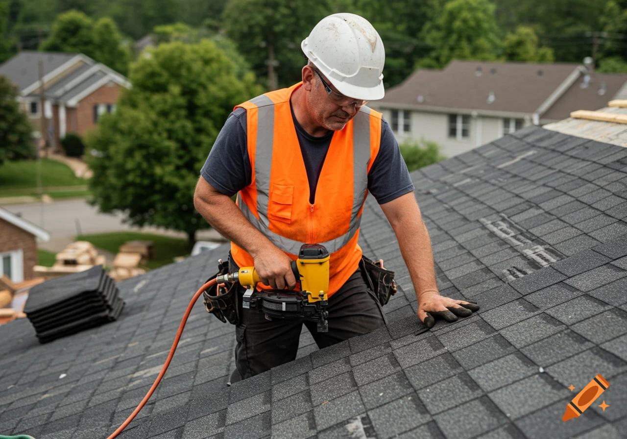 A construction worker installs shingles on a residential roof using a nail gun.