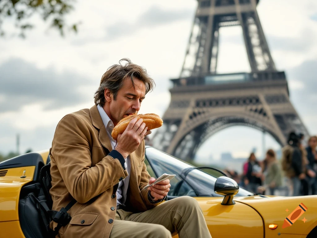 Man in brown jacket eating a baguette while sitting on a yellow car in front of the Eiffel Tower in Paris.