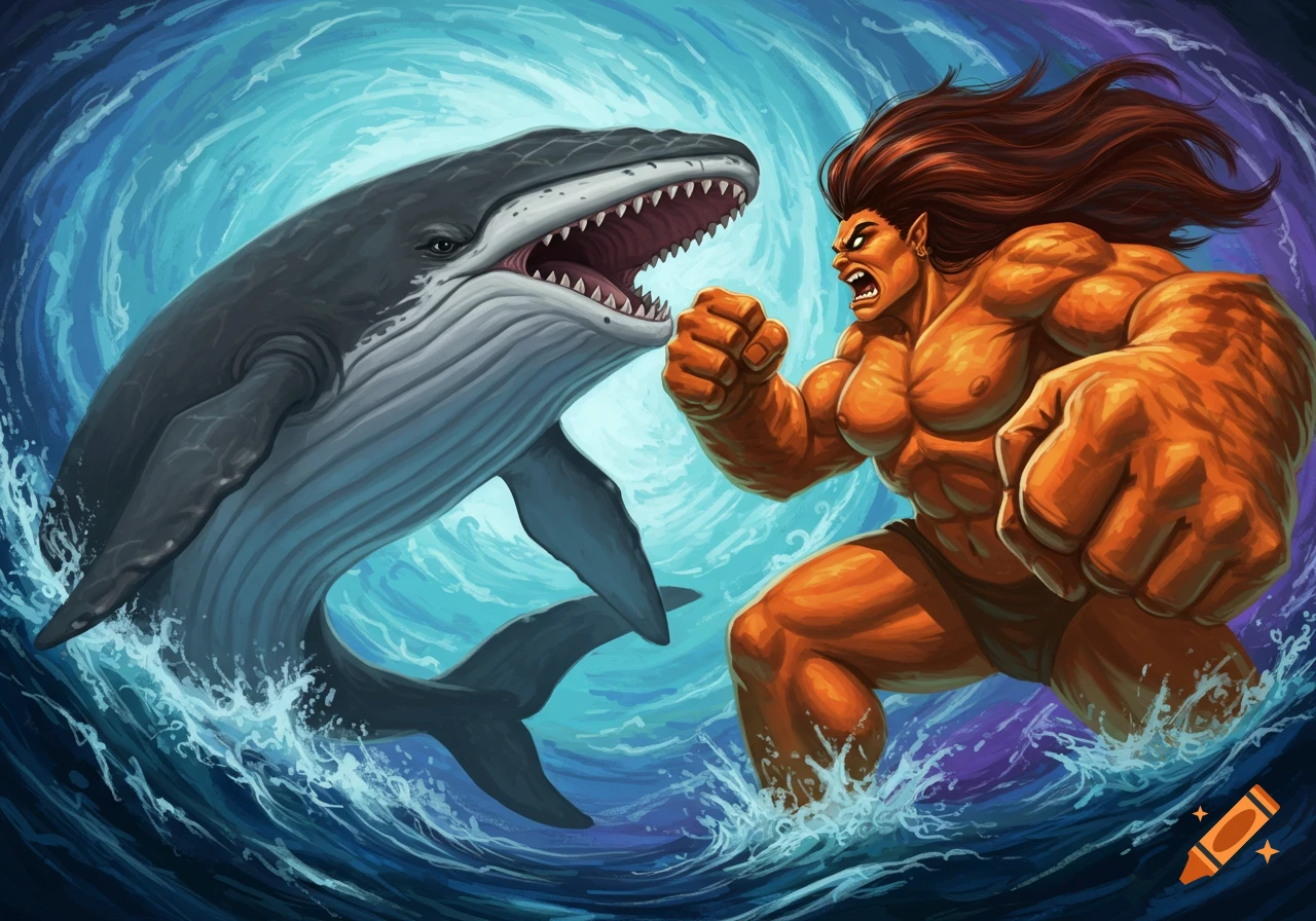 A giant orange figure fights a huge whale in the ocean in a stylized illustration.