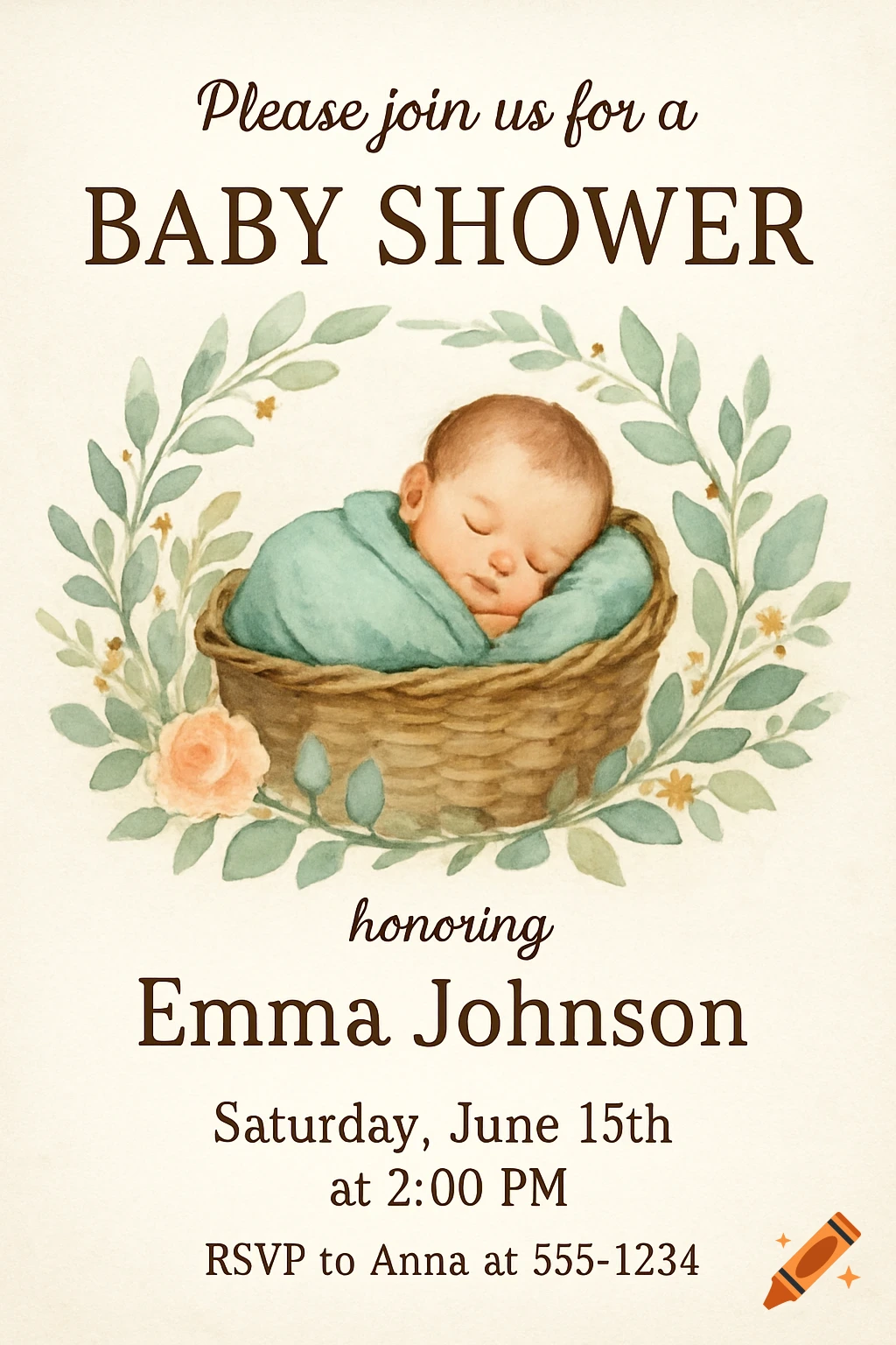 Watercolor baby shower invitation with a sleeping baby in a basket and floral wreath.