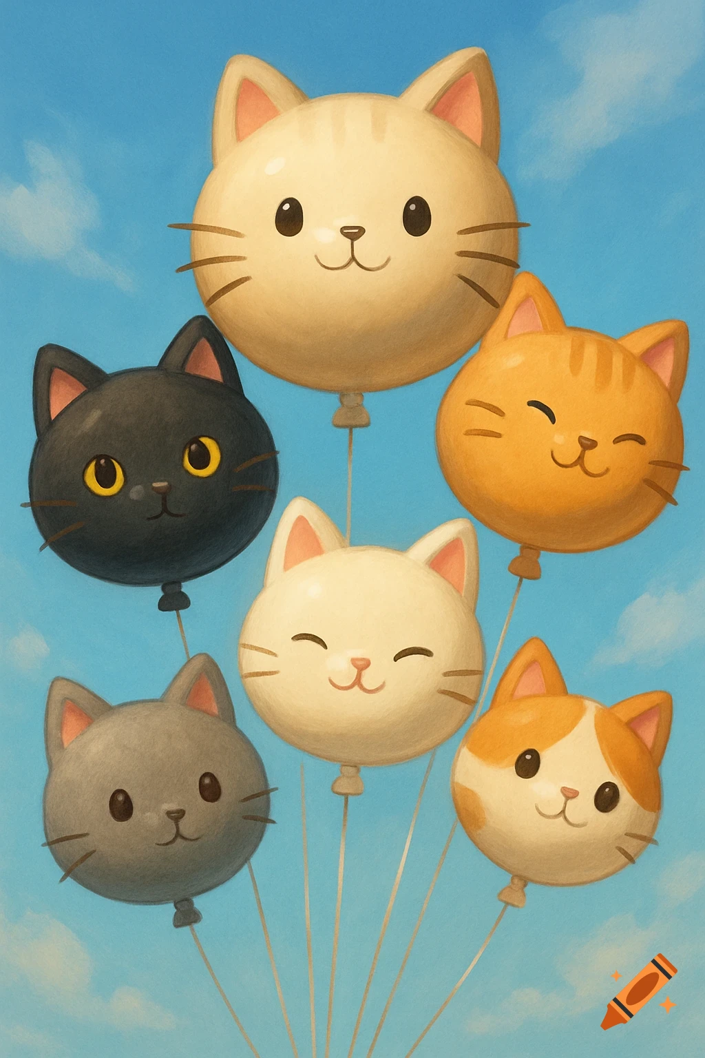 Cartoon illustration of six cat-shaped balloons floating in a blue sky.