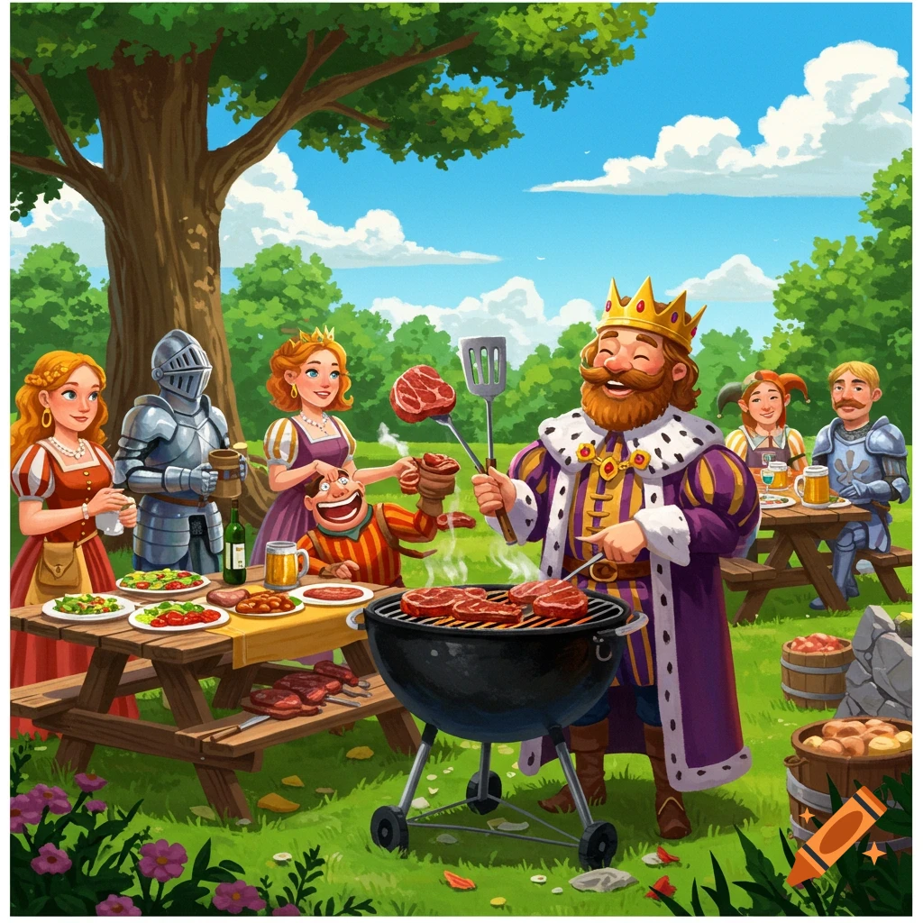 A cartoon king grills meat at a picnic table with knights and others in a park.
