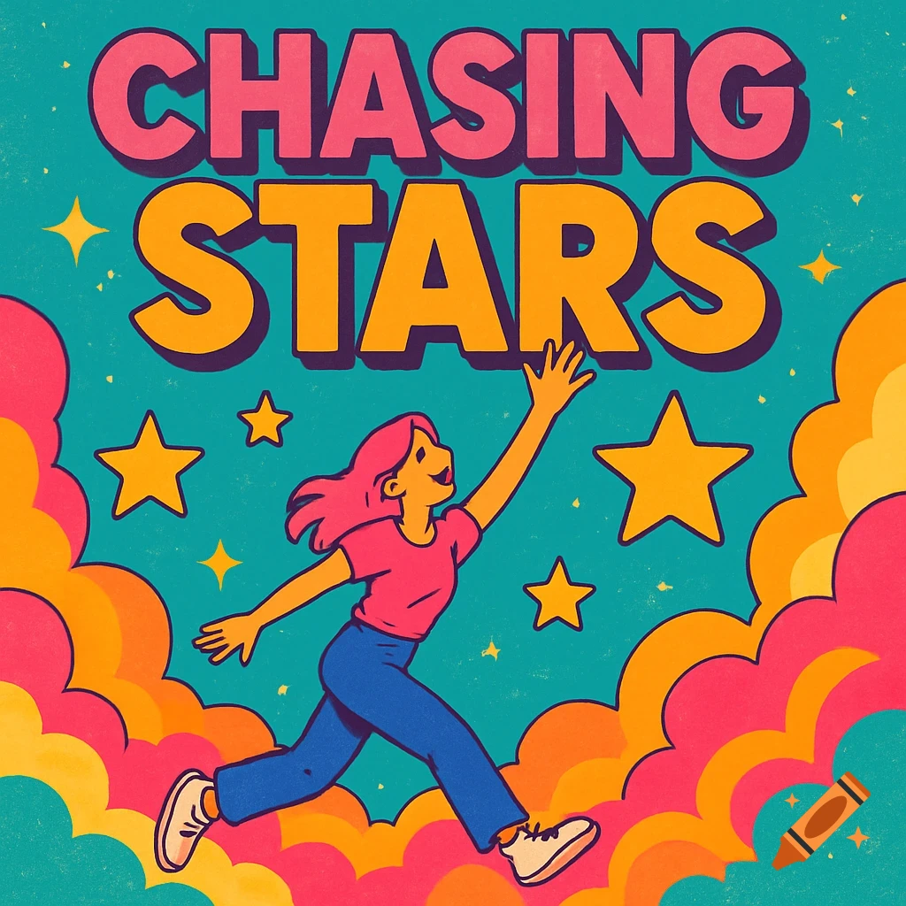 Stylized illustration of a person reaching for stars with the text 'CHASING STARS' above, in vibrant colors.