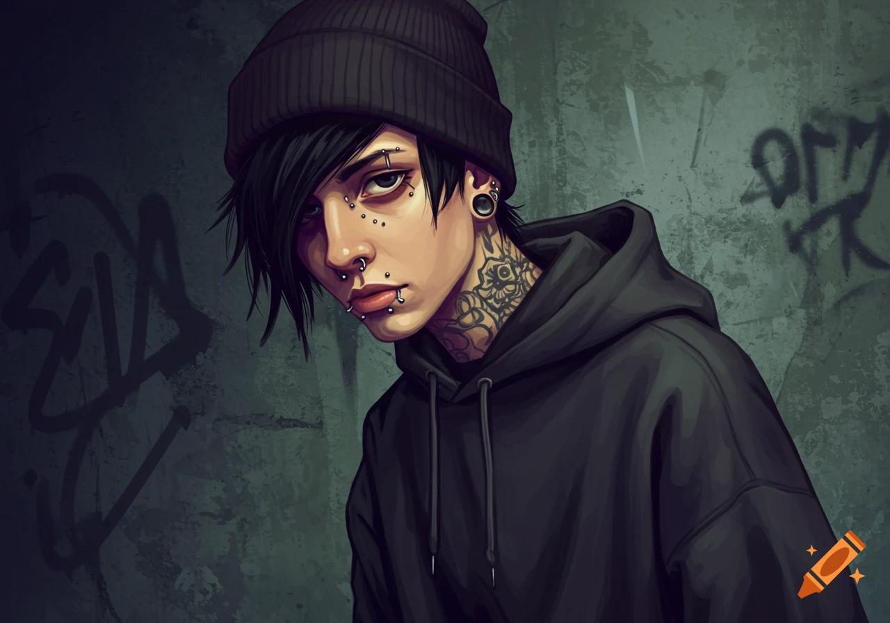Digital painting of a young person with piercings, tattoos, beanie, and hoodie against a graffiti wall.