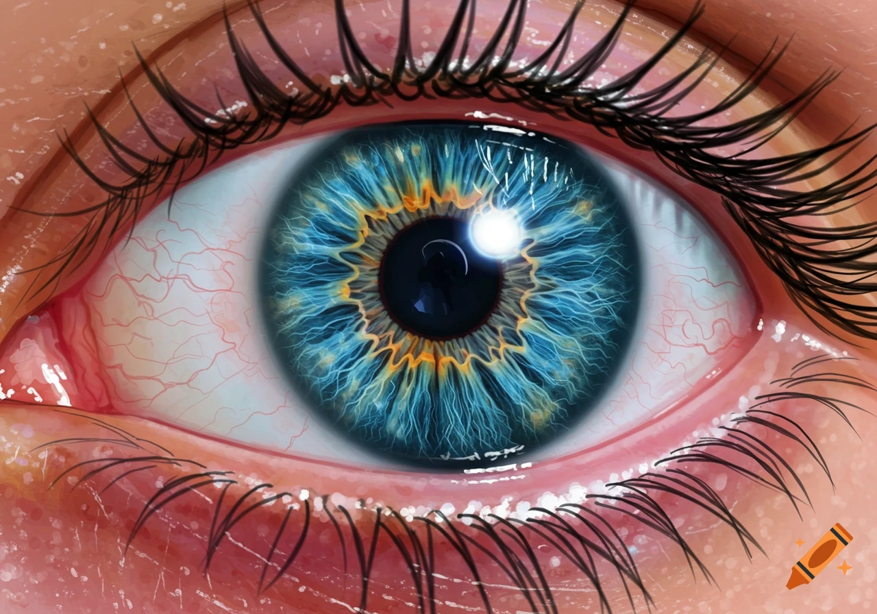 Close-up stylized rendering of a blue human eye with detailed iris and veins.