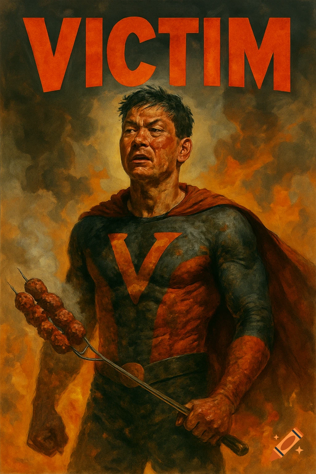 Movie poster for 'VICTIM' showing an Asian superhero holding meat skewers against a smoky background in a painterly style.