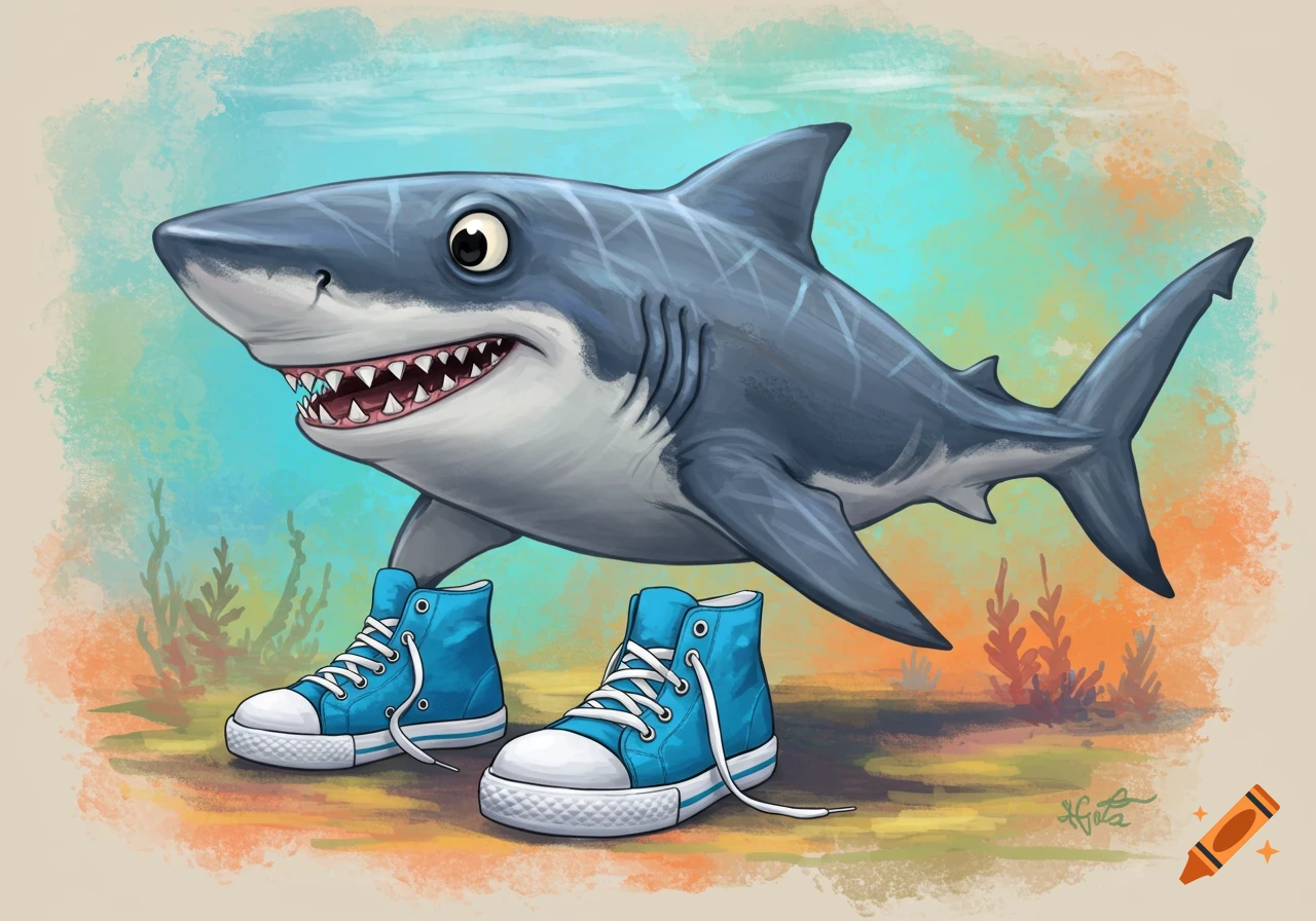 Cartoon illustration of a shark wearing blue high-top shoes underwater.