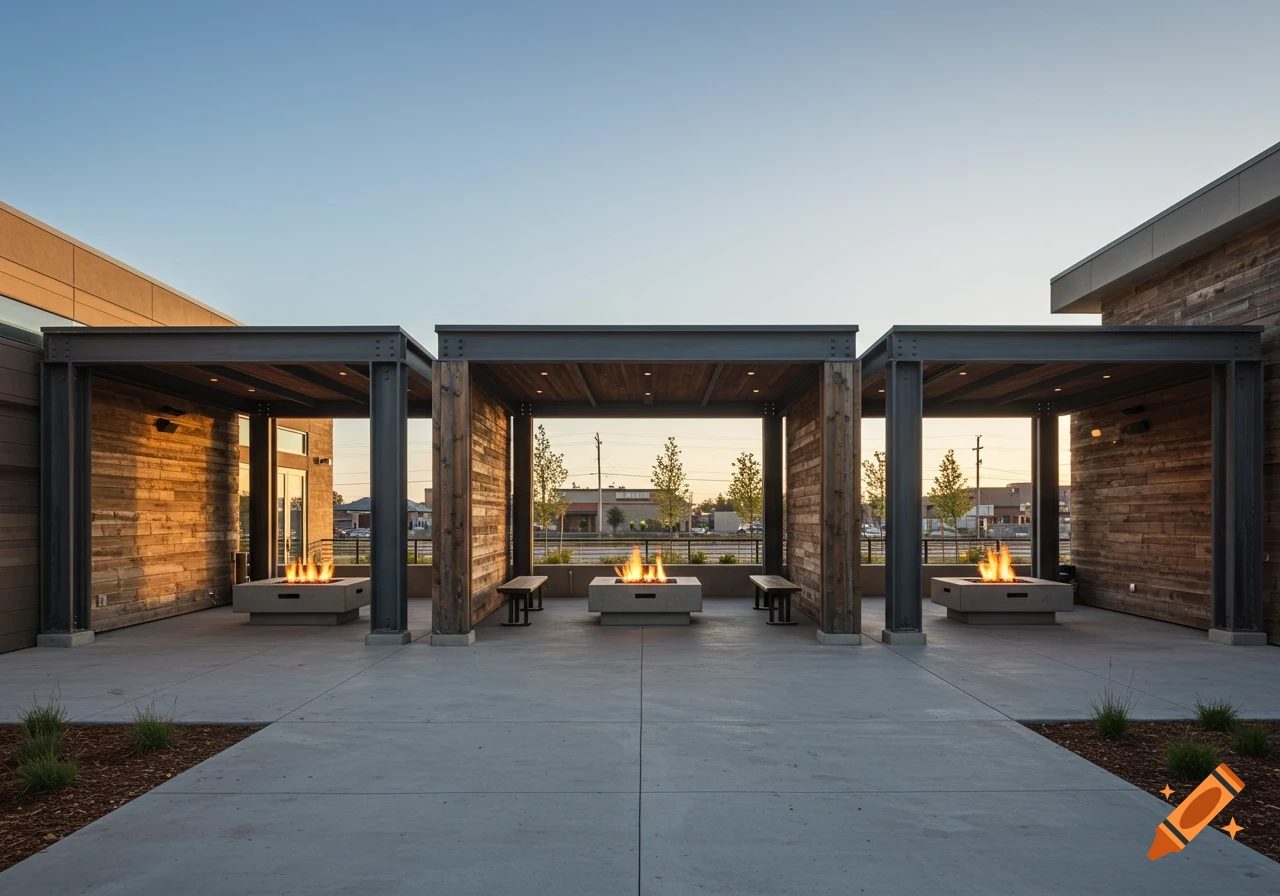 Outdoor patio with concrete floors, wood columns, steel beams, and fire pits at sunset.
