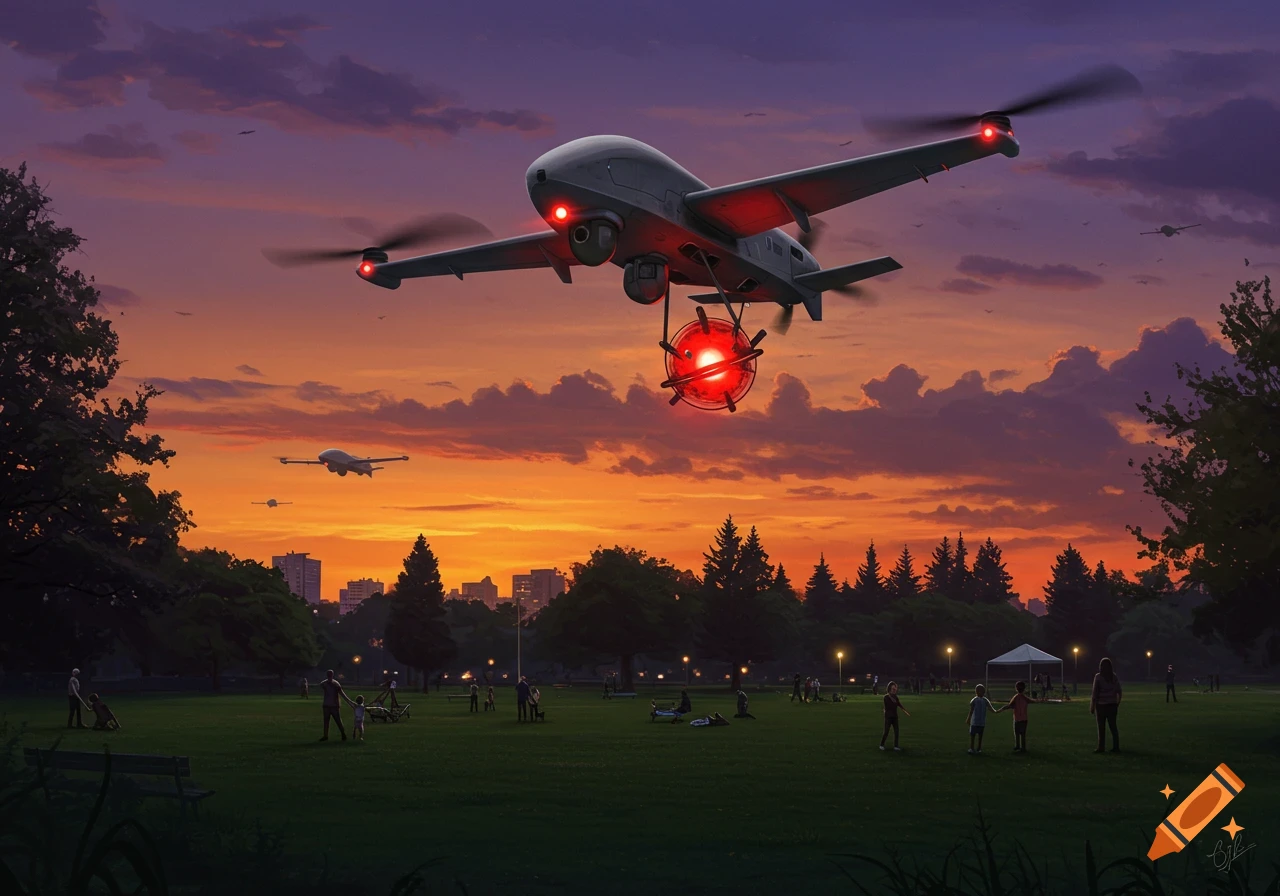 Illustration of a large grey drone with a glowing red payload flying over a park at sunset