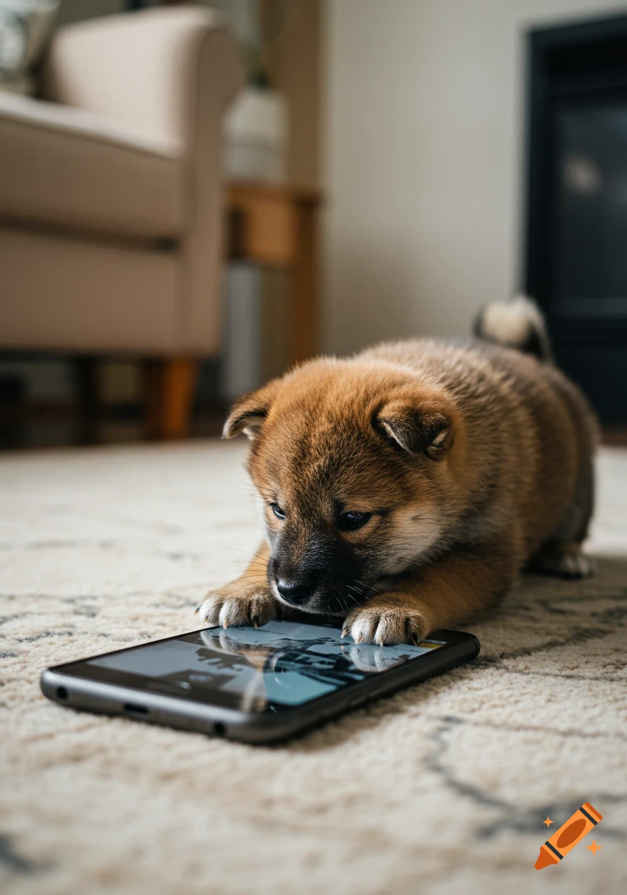 A cute Shiba Inu puppy looks down at a smartphone lying on a carpet.