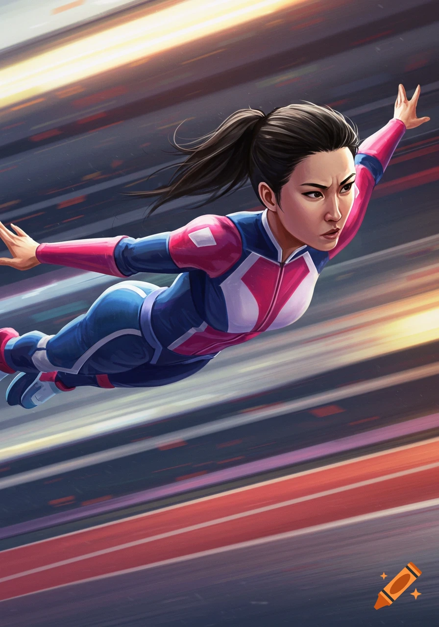 Stylized illustration of a woman flying at high speed in a pink and blue suit.