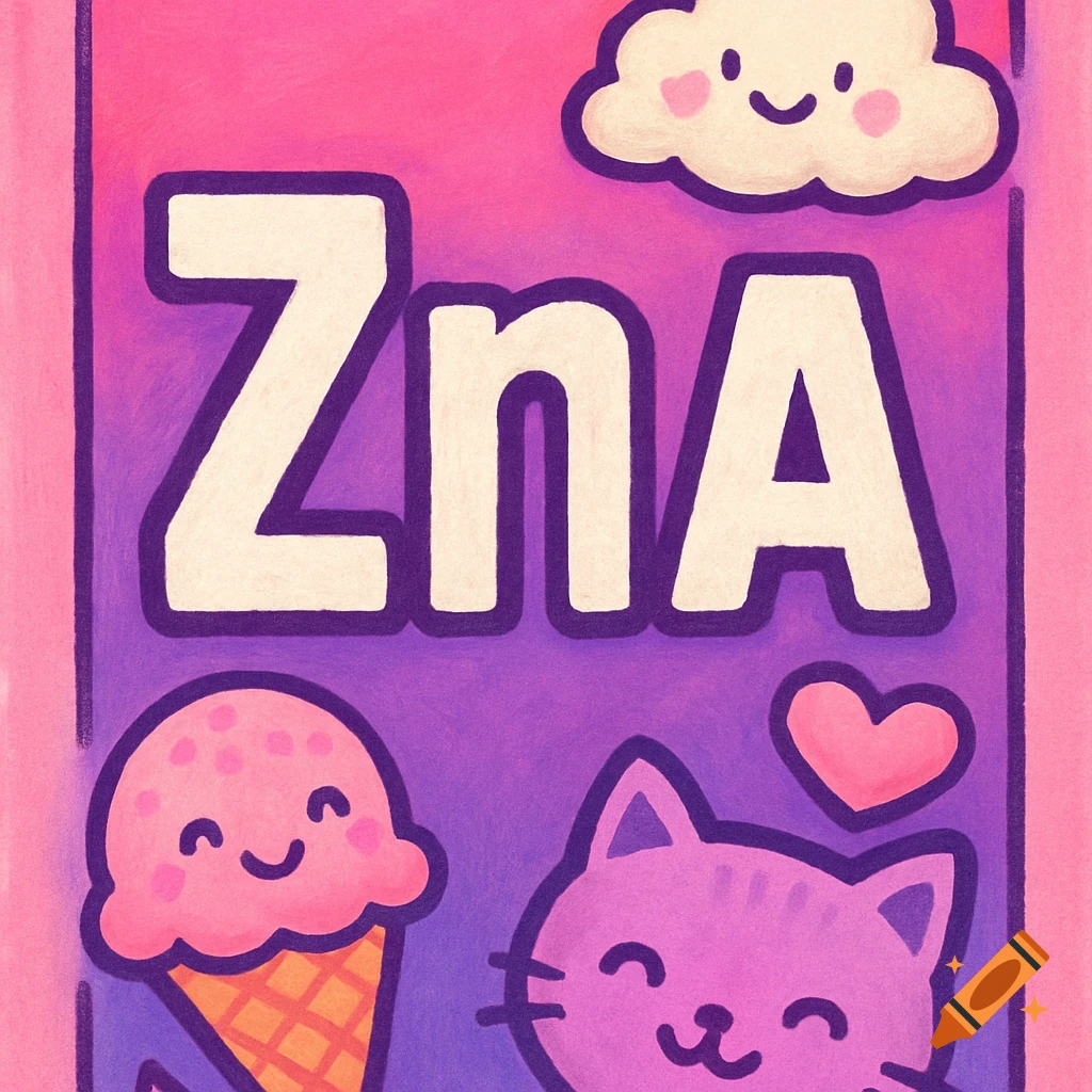 Cute cartoon poster with 'ZnA' text, a smiling ice cream cone, cat, heart, and cloud on a pink and purple background.