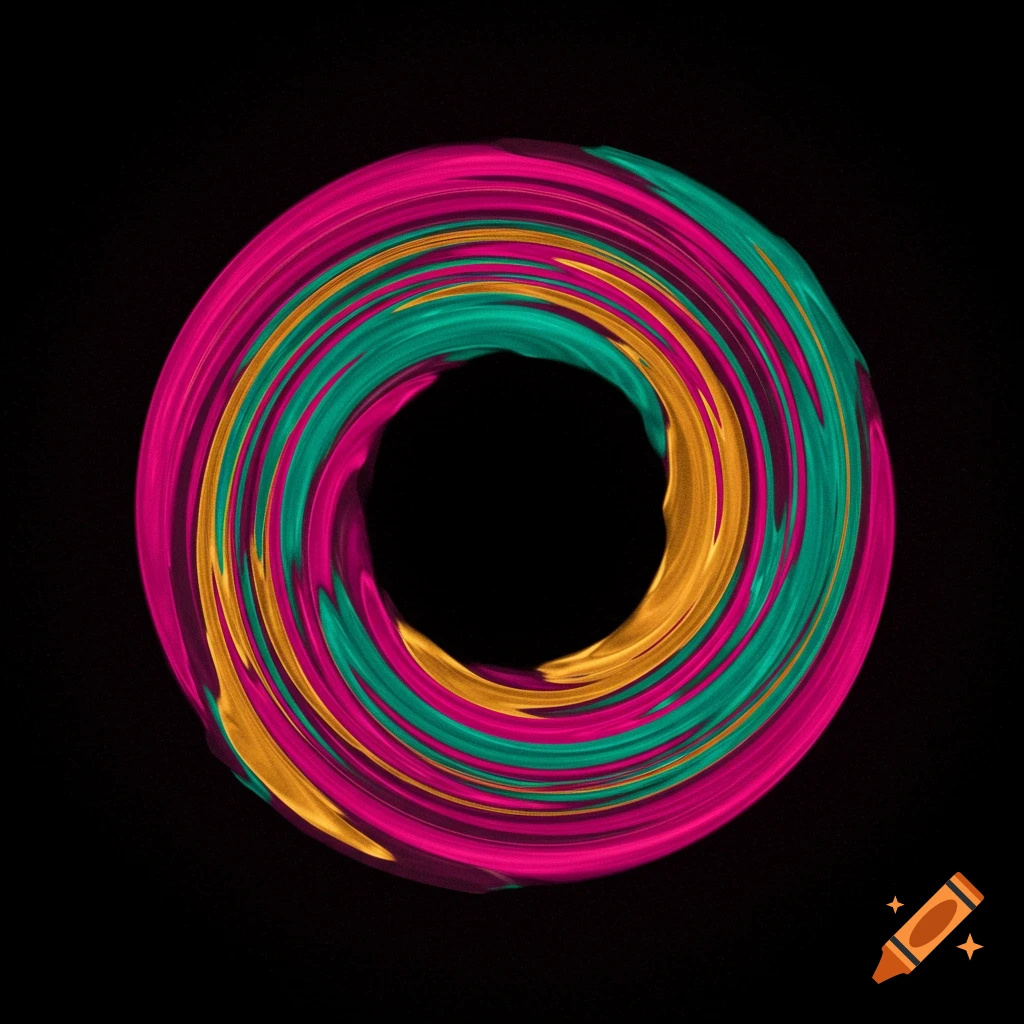 A colorful abstract ring of swirling pink, teal, and gold bands on a black background.