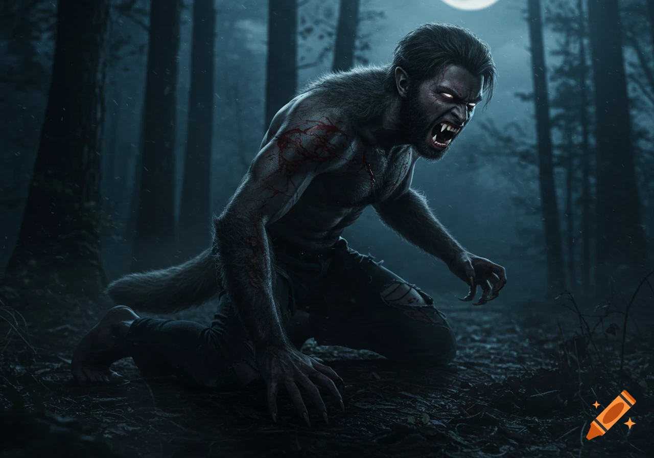 A snarling werewolf on its knees in a dark forest under a full moon.