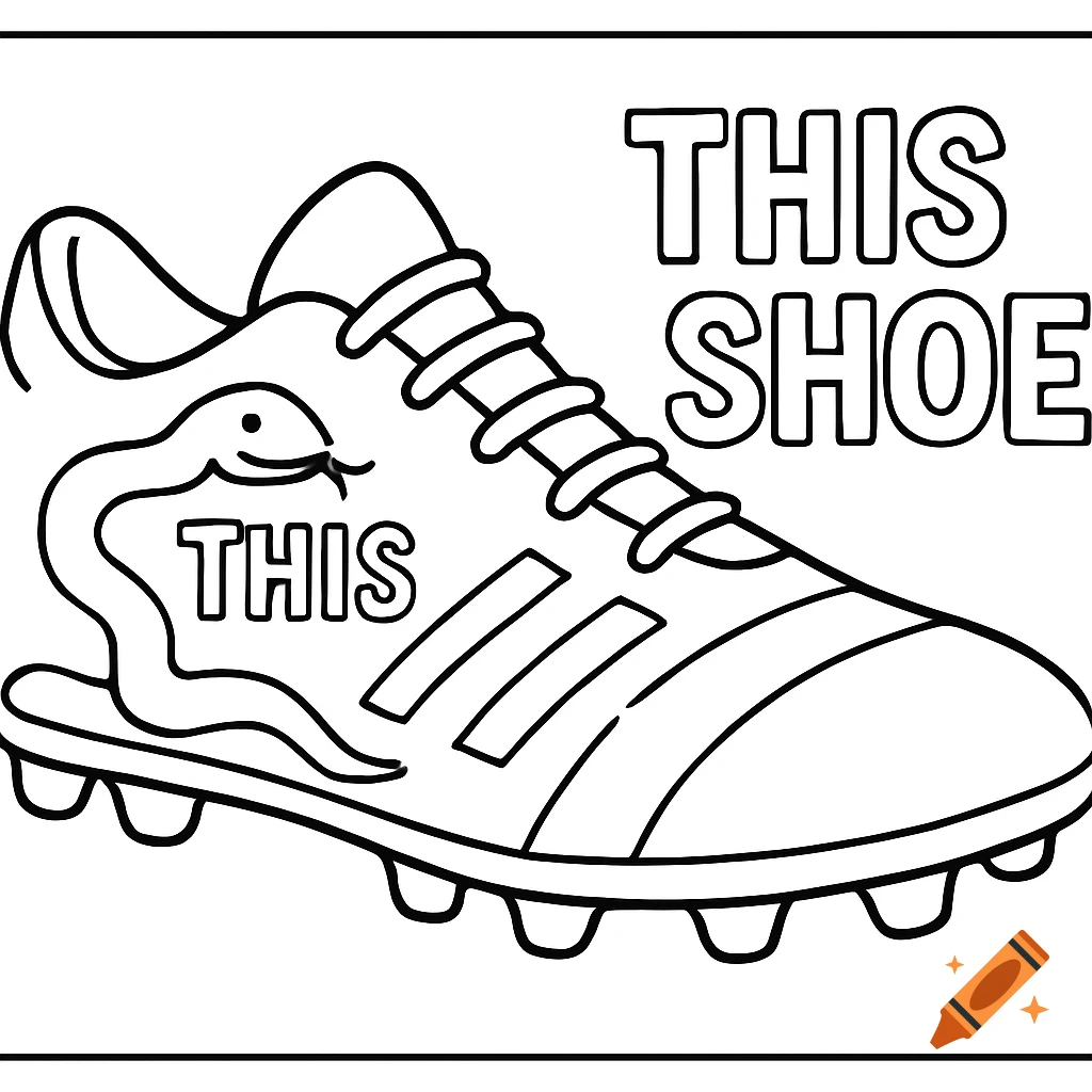 Line drawing of a soccer cleat with a snake wrapped around it and the words THIS SHOE and THIS.