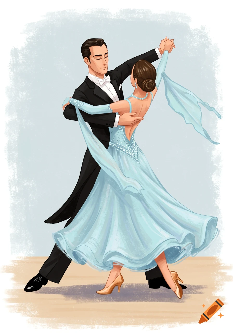 Illustration of a couple ballroom dancing in formal wear.