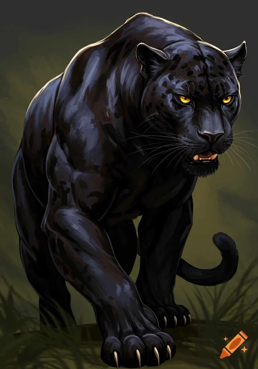 Powerful black panther walks forward in jungle, illustration style