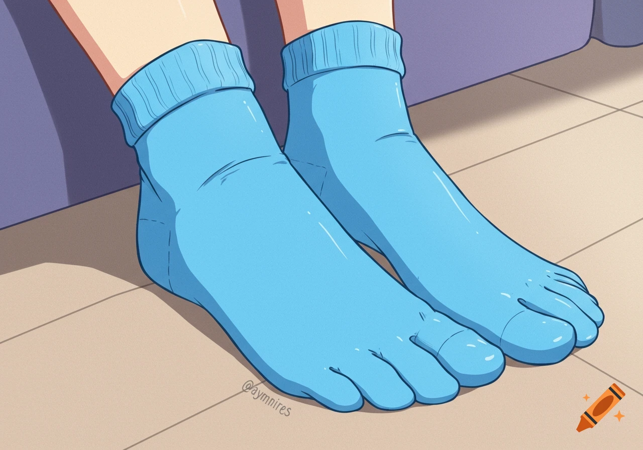 Anime illustration of feet wearing blue toe socks.
