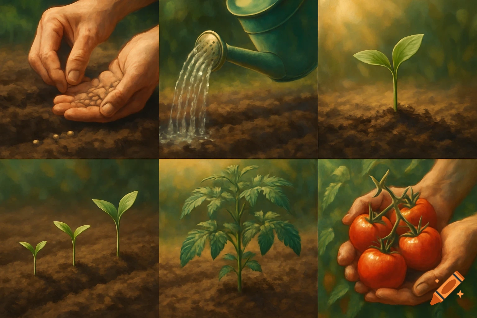 Six panel image showing the stages of growing a plant, from planting seeds to harvesting tomatoes, digital painting style.