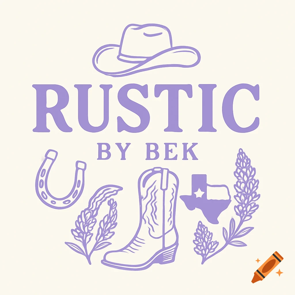 Lilac western logo with text, hat, horseshoe, boot, Texas map, and flowers.
