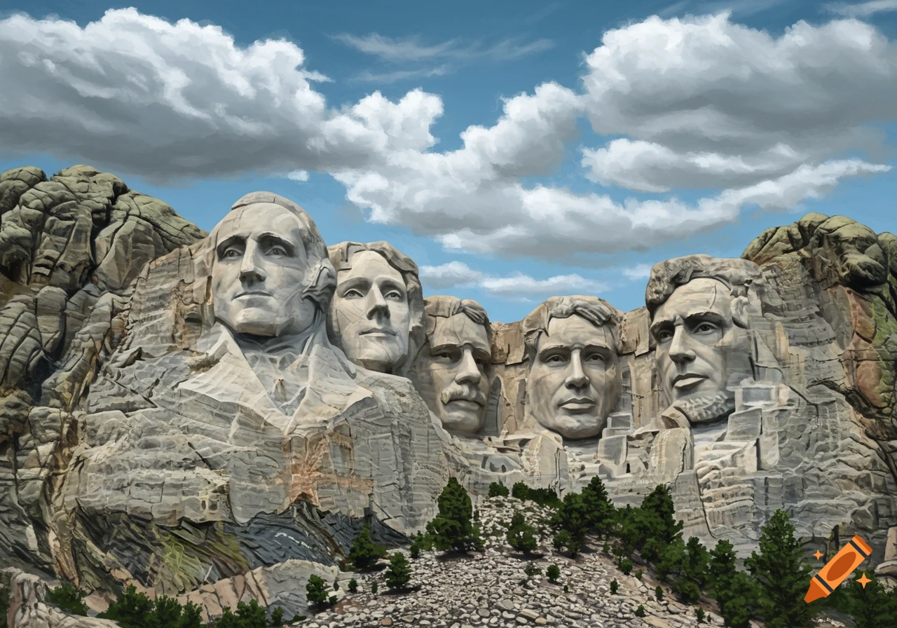 Mountain carving with four faces, similar to Mount Rushmore, against a cloudy sky.
